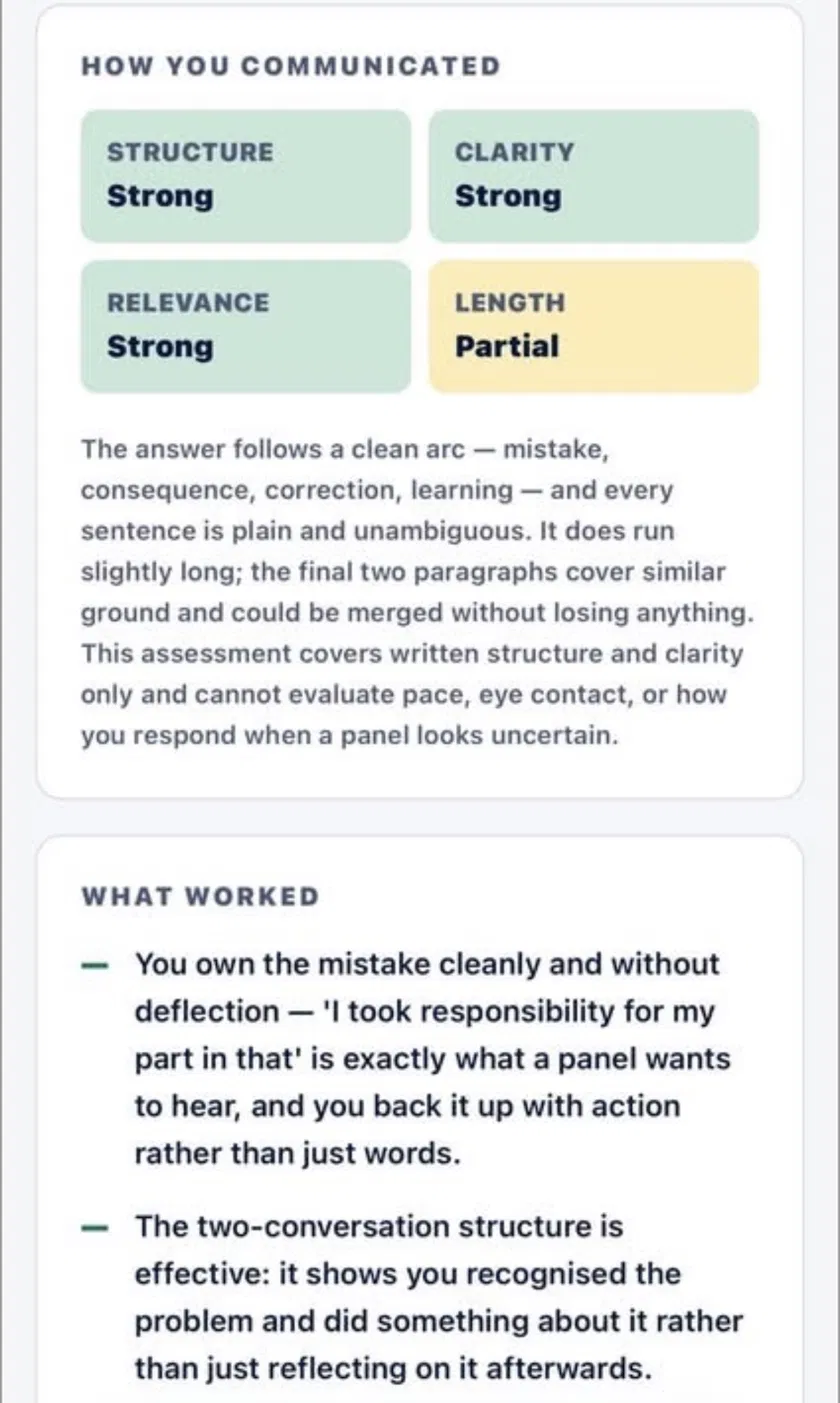 Communication feedback for an interview answer